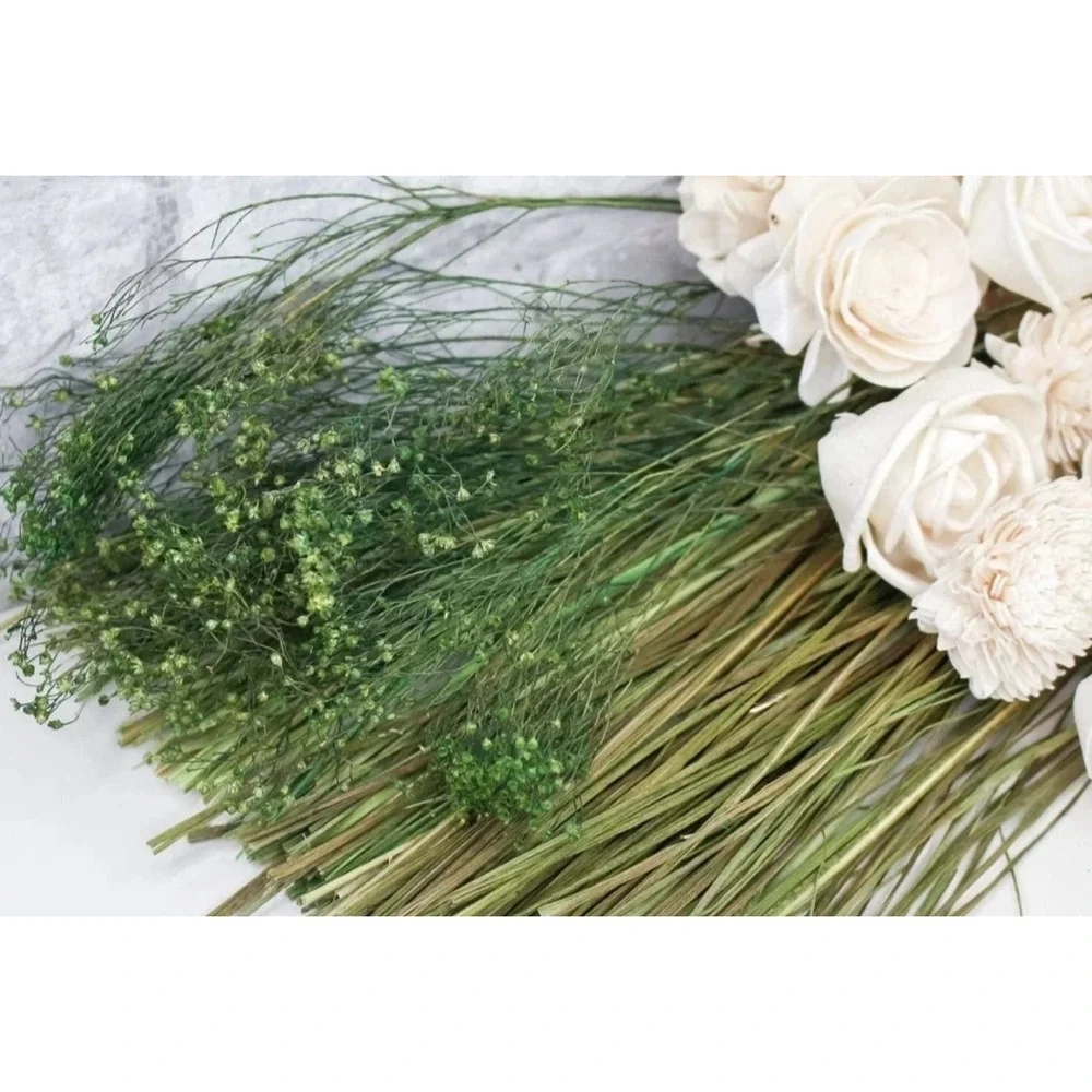 White Rose Bridal Bouquet Wedding Sola Wood Flowers Green Baby Breath Jute Stem